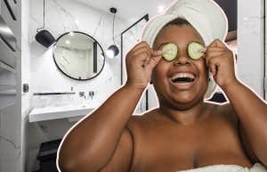 Woman practicing self care in bathroom