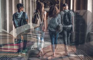 College students exhausted sleeping on desk, walking to class