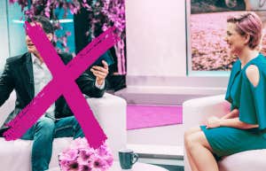 woman interviewing man on talk show and man is crossed out