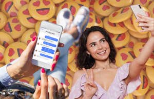 woman texting a man on messenger obsessively, taking selfies