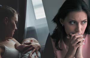 Woman nursing baby, woman thinking with hands covering mouth