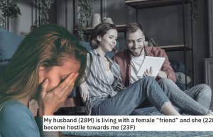 Couple sitting in living room, woman with hands over face, reddit title post