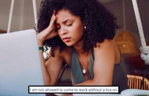 Woman Told To Never Come To Work Without A Bra frustrated woman on laptop
