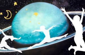 silhouettes jumping in outerspace